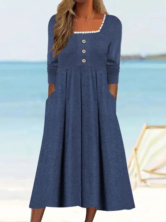 Women's Long Sleeve Spring/Fall Plain Buckle Dress Square Neck Daily Going Out Casual Maxi X-Line