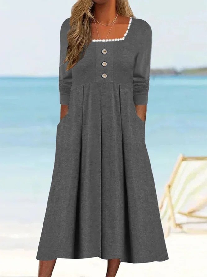 Women's Long Sleeve Spring/Fall Plain Buckle Dress Square Neck Daily Going Out Casual Maxi X-Line