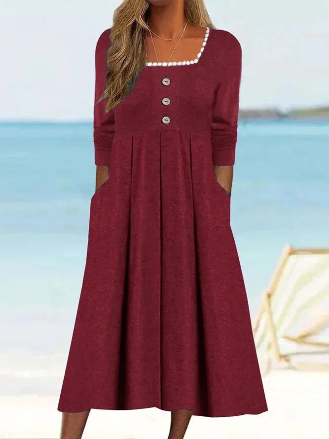 Women's Long Sleeve Spring/Fall Plain Buckle Dress Square Neck Daily Going Out Casual Maxi X-Line