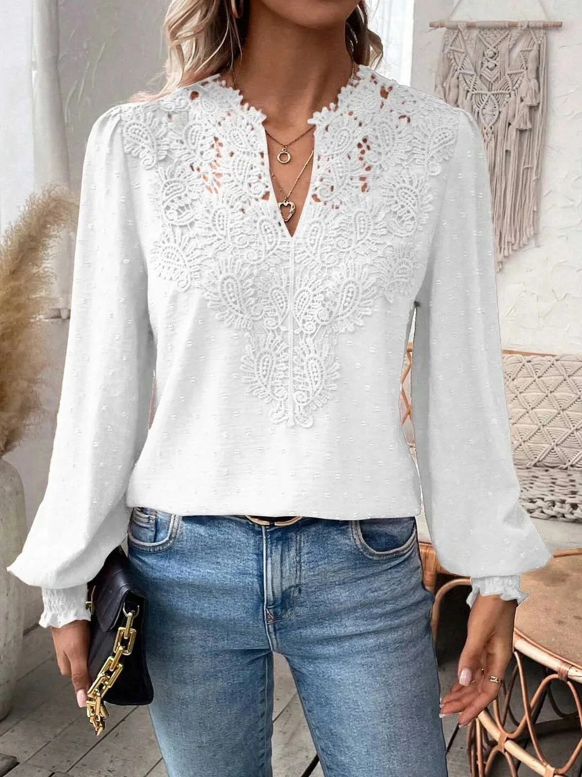 Women's Long Sleeve Blouse Spring/Fall Plain Lace V Neck Daily Going Out Casual Top