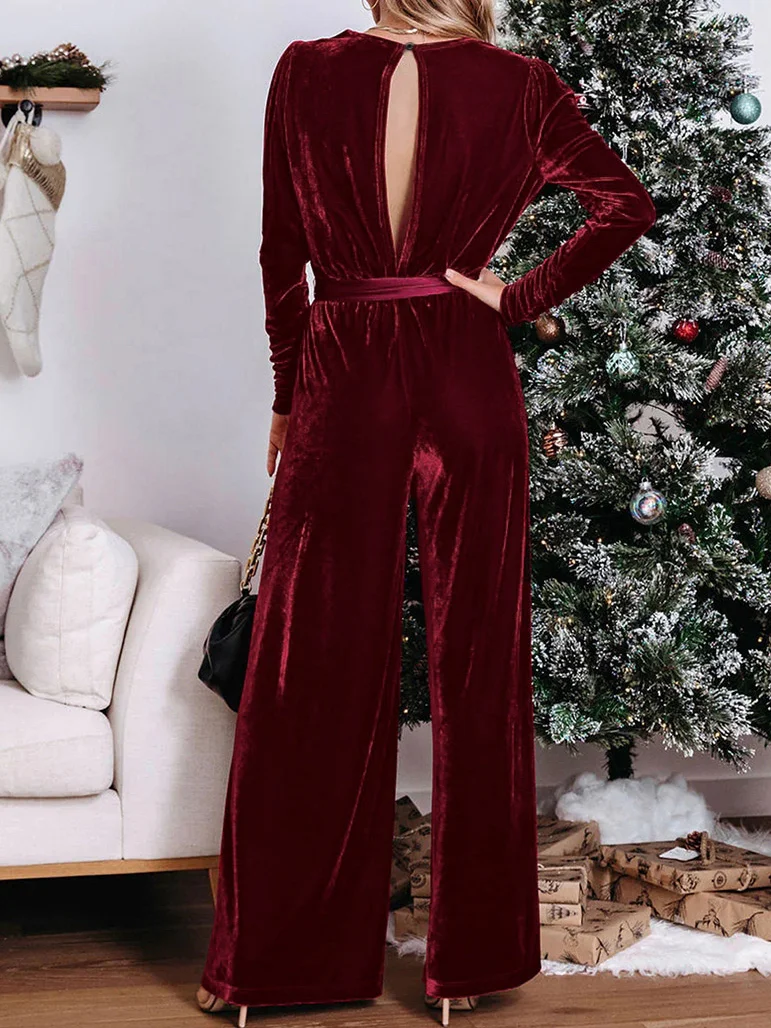 Women's Plain V Neck Long Sleeve Casual Spring/Fall Velvet Jumpsuit