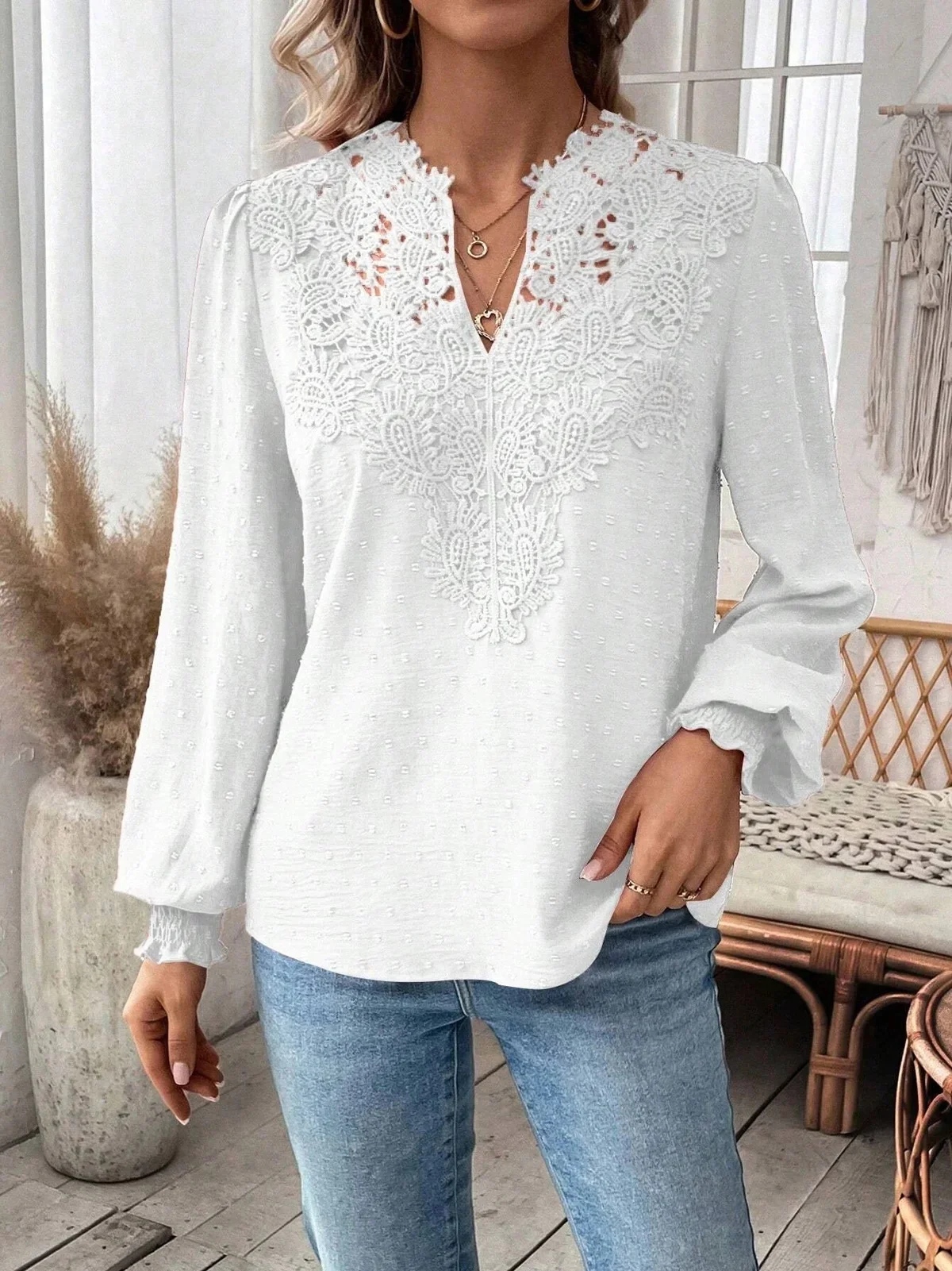 Women's Long Sleeve Blouse Spring/Fall Plain Lace V Neck Daily Going Out Casual Top