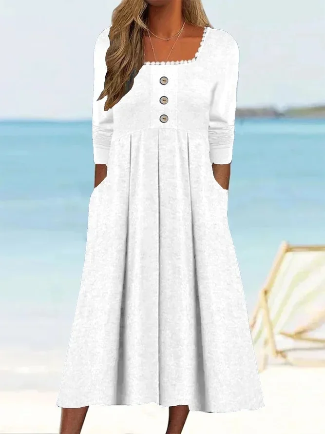 Women's Long Sleeve Spring/Fall Plain Buckle Dress Square Neck Daily Going Out Casual Maxi X-Line