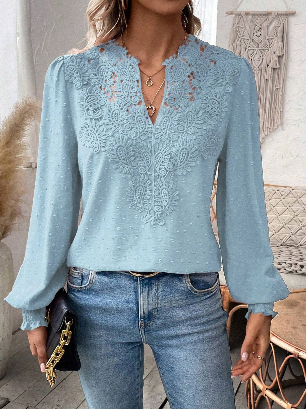 Women's Long Sleeve Blouse Spring/Fall Plain Lace V Neck Daily Going Out Casual Top