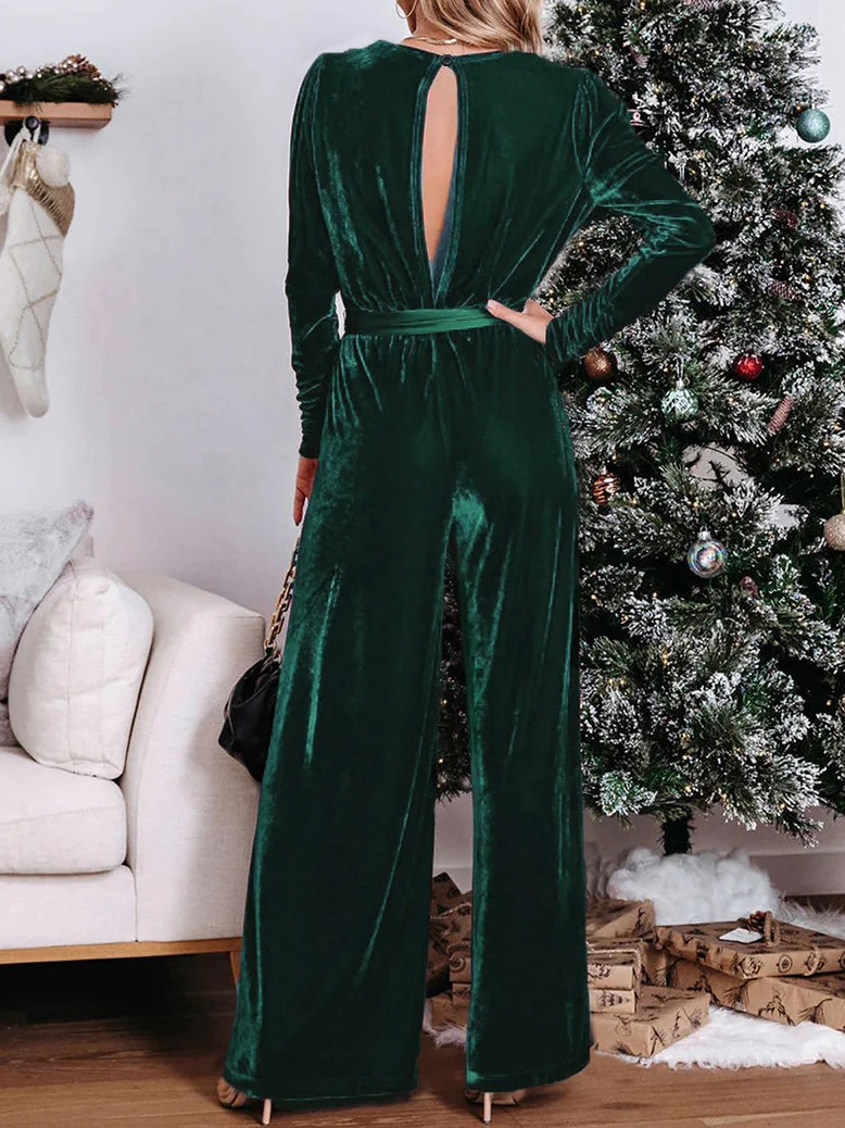 Women's Plain V Neck Long Sleeve Casual Spring/Fall Velvet Jumpsuit