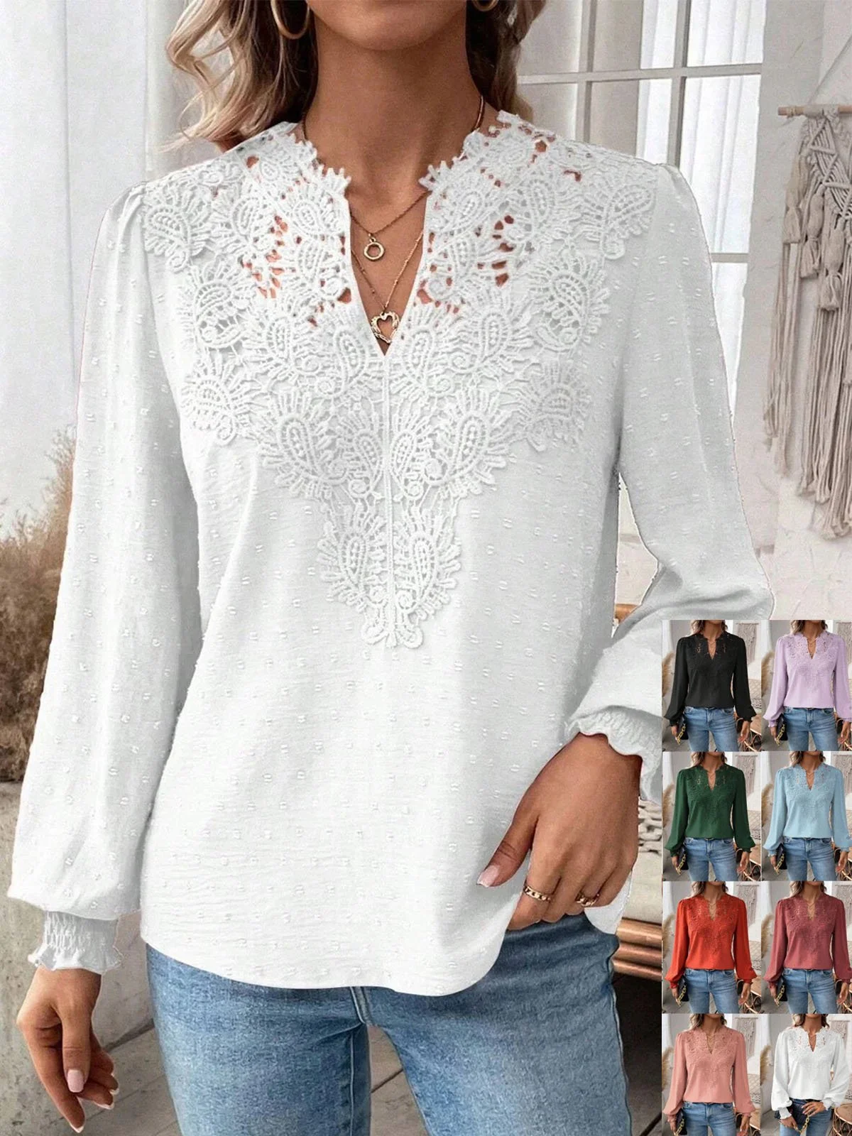 Women's Long Sleeve Blouse Spring/Fall Plain Lace V Neck Daily Going Out Casual Top