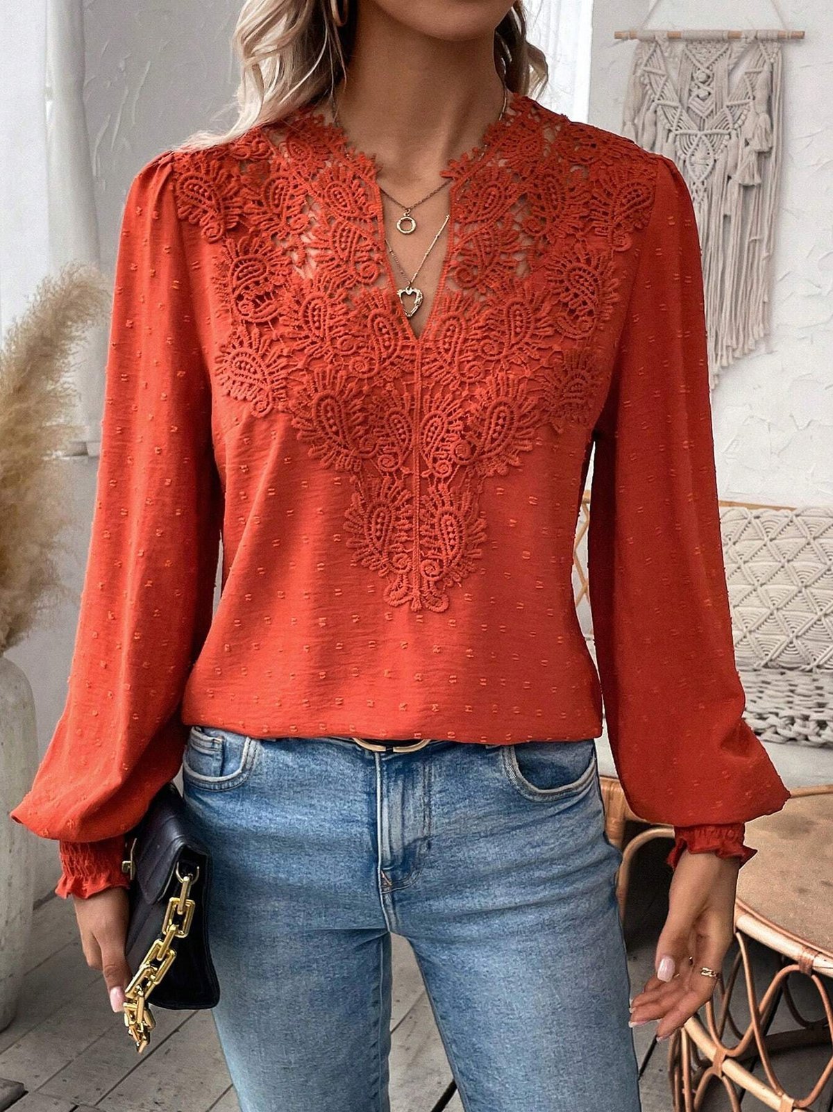 Women's Long Sleeve Blouse Spring/Fall Plain Lace V Neck Daily Going Out Casual Top