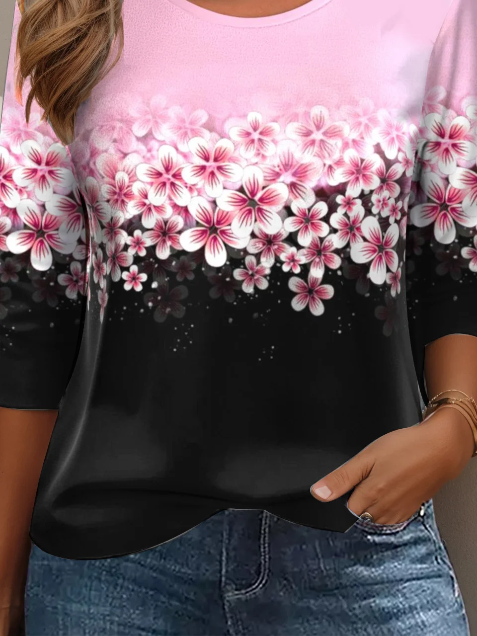 Women's Long Sleeve Tee T-shirt Spring/Fall Floral Cotton Crew Neck Daily Going Out Casual Top Black