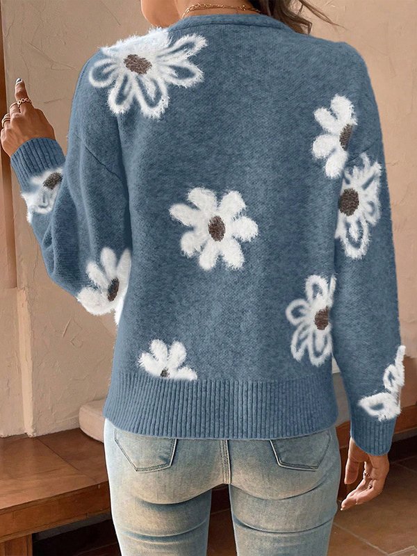 Women's Casual Spring/Fall Floral Yarn/Wool Yarn Buckle Cardigan