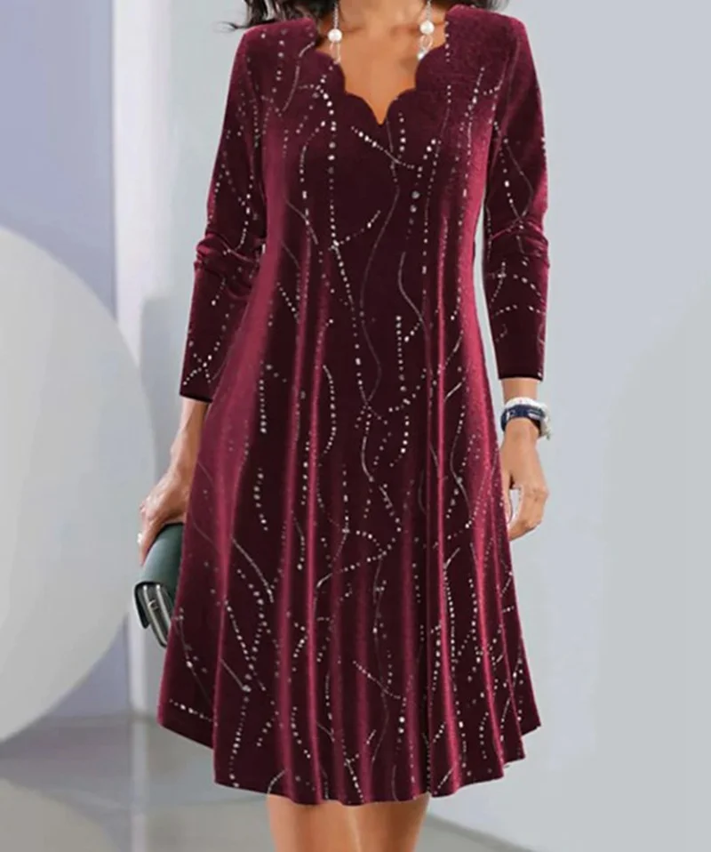 Women's Long Sleeve Spring/Fall Geometric Buckle Velvet Dress V Neck Daily Going Out Casual Maxi X-Line