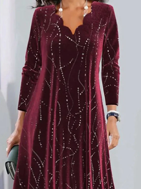 Women's Long Sleeve Spring/Fall Geometric Buckle Velvet Dress V Neck Daily Going Out Casual Maxi X-Line