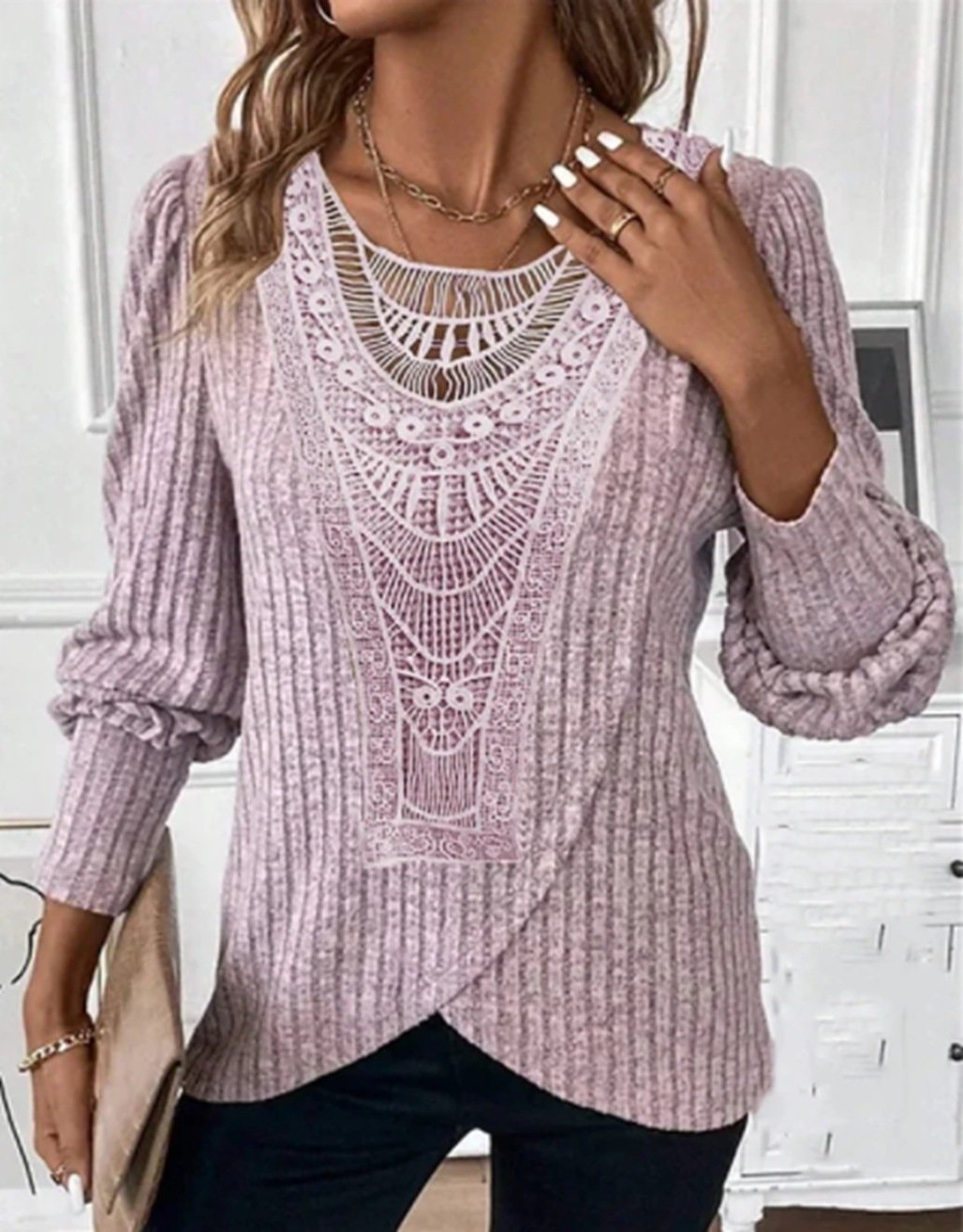 Women's Long Sleeve Blouse Spring/Fall Plain Lace Crew Neck Daily Going Out Casual Top