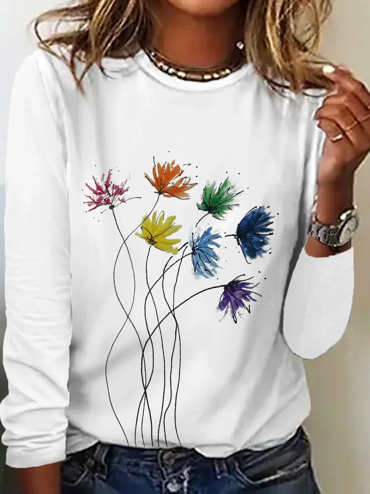 Women's Long Sleeve Tee T-shirt Spring/Fall Floral Cotton Crew Neck Daily Going Out Casual Top