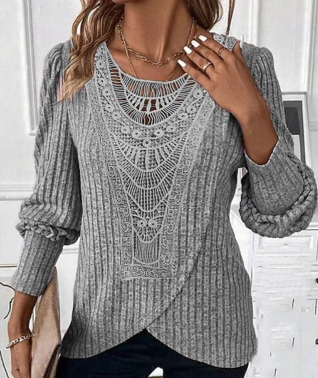 Women's Long Sleeve Blouse Spring/Fall Plain Lace Crew Neck Daily Going Out Casual Top