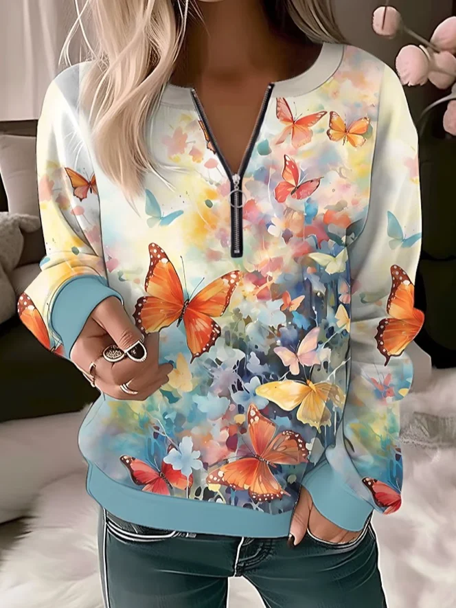 Women's Crew Neck Floral Zipper Casual Spring/Fall Long Sleeve Sweatshirt