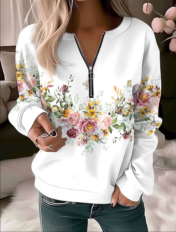 Women's Crew Neck Floral Zipper Casual Spring/Fall Long Sleeve Sweatshirt