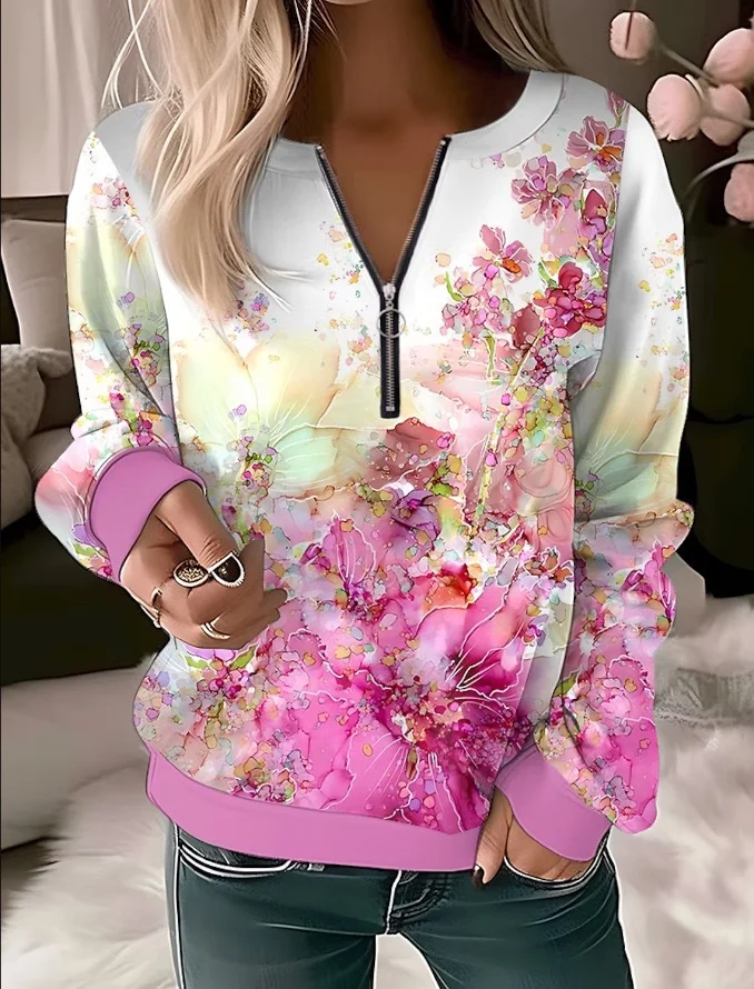 Women's Crew Neck Floral Zipper Casual Spring/Fall Long Sleeve Sweatshirt