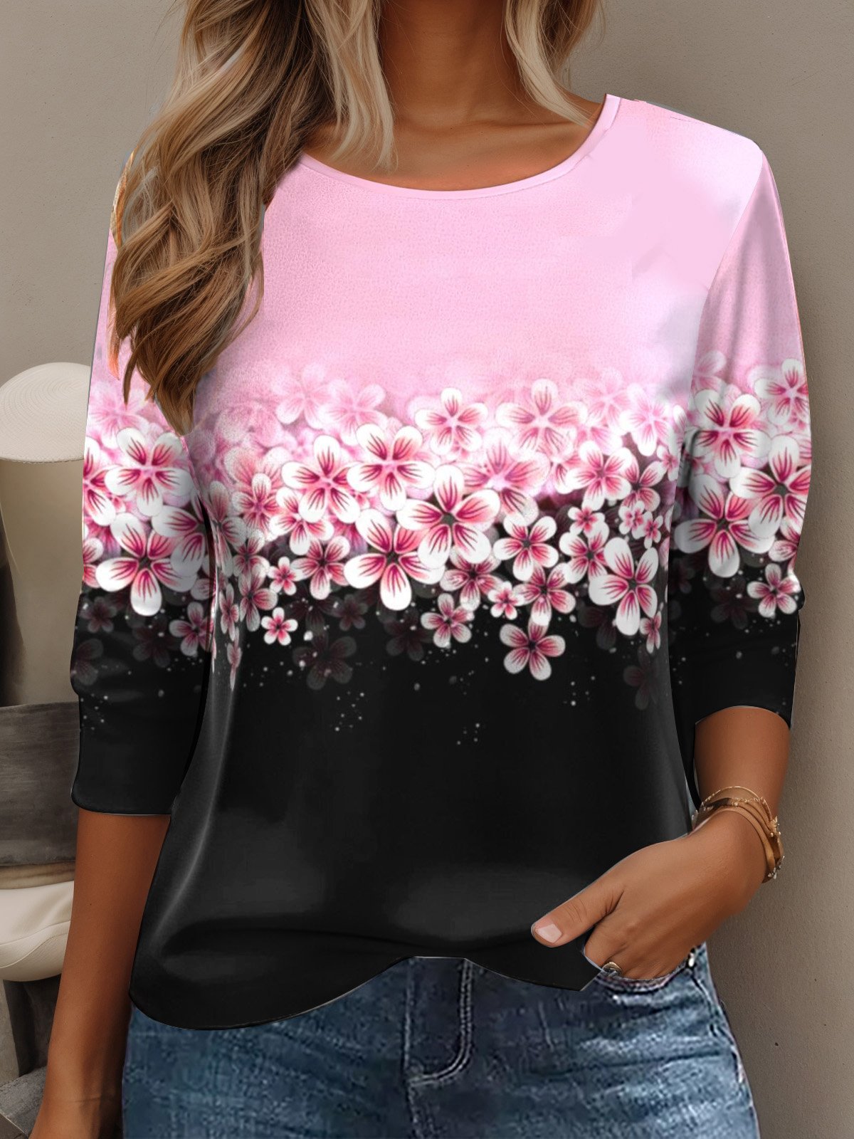 Women's Long Sleeve Tee T-shirt Spring/Fall Floral Cotton Crew Neck Daily Going Out Casual Top Black