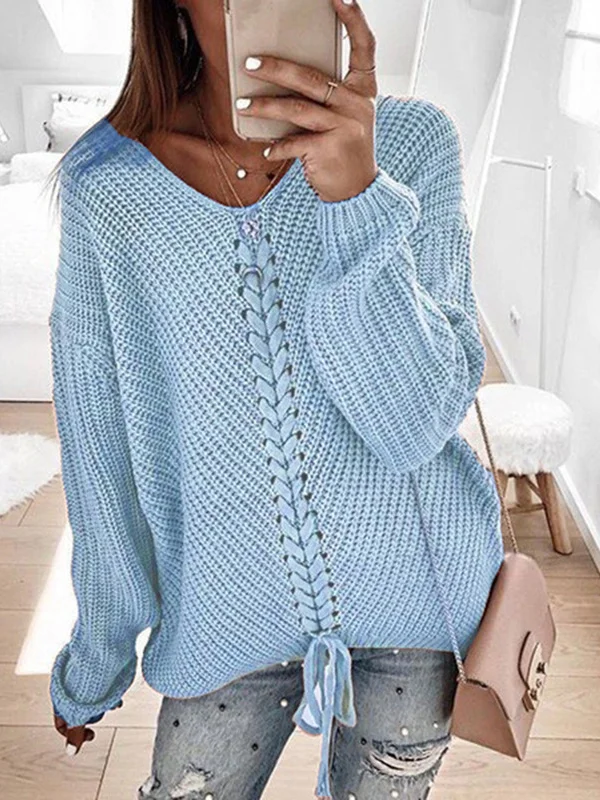 Women's Spring/Fall Color Block Casual Long Sleeve V Neck Yarn/Wool Yarn Sweater