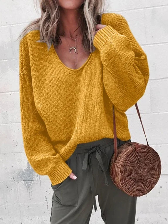 Women's Spring/Fall Plain Casual Long Sleeve V Neck Yarn/Wool Yarn Sweater