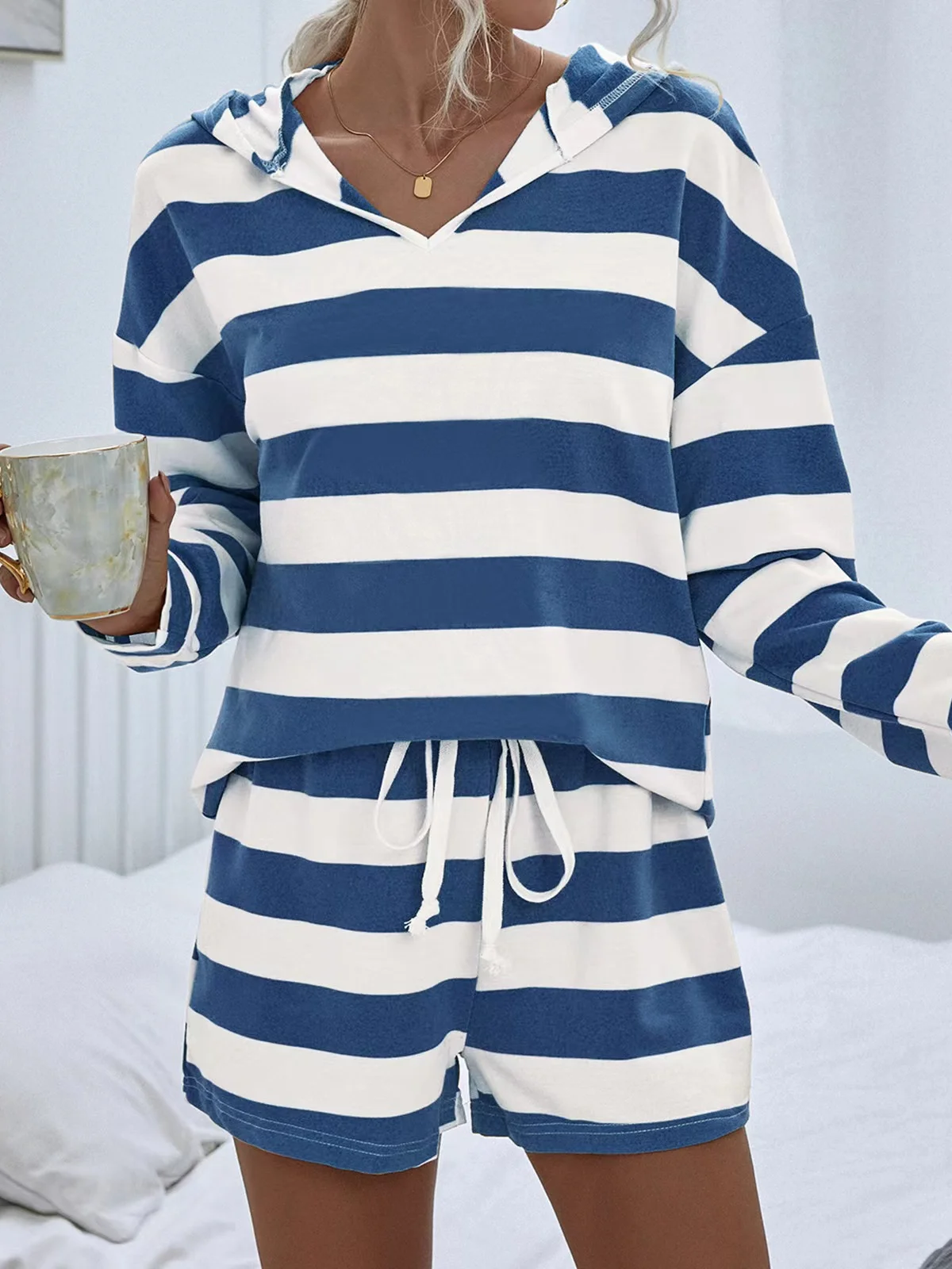 Women's Striped Two-Piece Set Daily Long Sleeve Casual Spring/Fall Top With Pants Matching Set