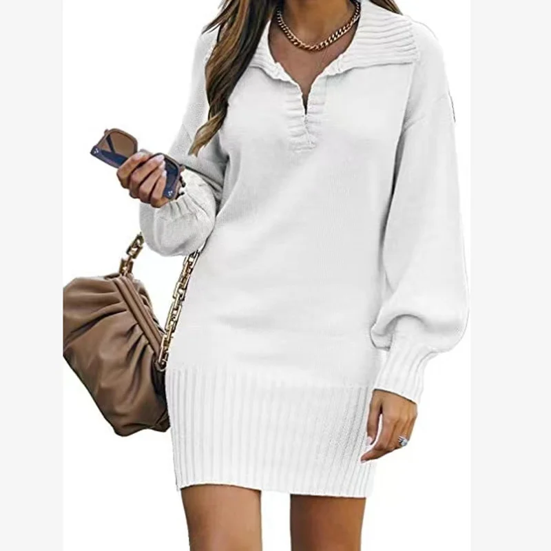 Women's Long Sleeve Spring/Fall Plain Yarn/Wool Yarn Dress V Neck Daily Going Out Casual Midi H-Line