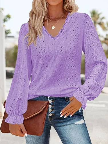 Women's Long Sleeve Tee T-shirt Spring/Fall Plain Lace V Neck Daily Going Out Casual Top