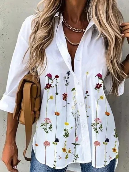 Women's Floral Long Sleeve Shirt Spring/Fall Shirt Collar Daily Casual Top