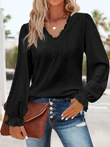 Women's Long Sleeve Tee T-shirt Spring/Fall Plain Lace V Neck Daily Going Out Casual Top