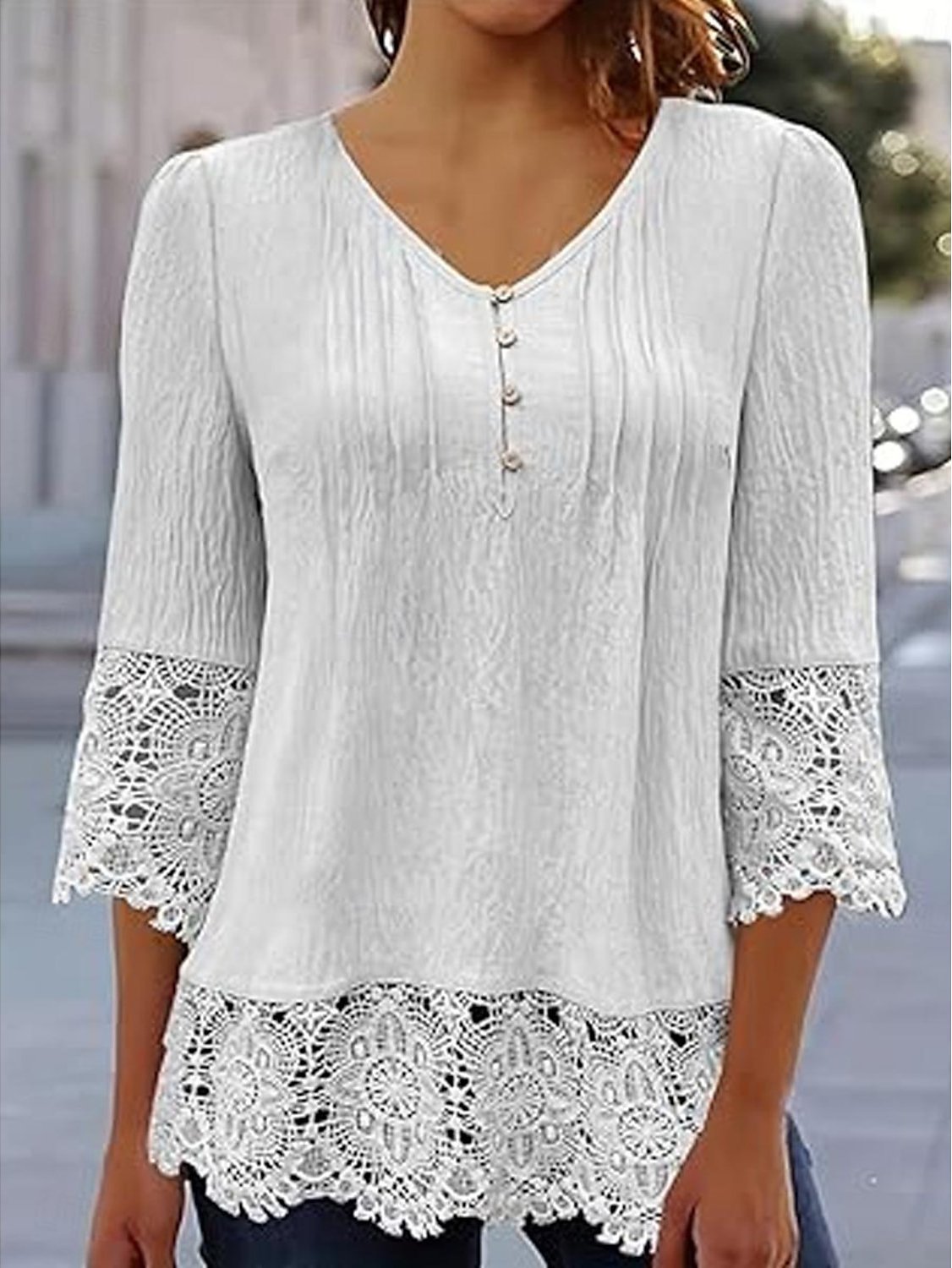 Women's Three Quarter Sleeve Blouse Spring/Fall Plain Lace V Neck Daily Going Out Casual Top White