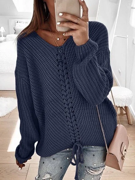 Women's Spring/Fall Color Block Casual Long Sleeve V Neck Yarn/Wool Yarn Sweater