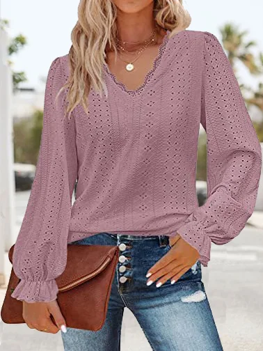 Women's Long Sleeve Tee T-shirt Spring/Fall Plain Lace V Neck Daily Going Out Casual Top