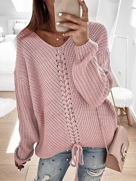 Women's Spring/Fall Color Block Casual Long Sleeve V Neck Yarn/Wool Yarn Sweater