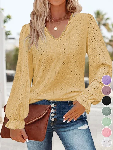 Women's Long Sleeve Tee T-shirt Spring/Fall Plain Lace V Neck Daily Going Out Casual Top