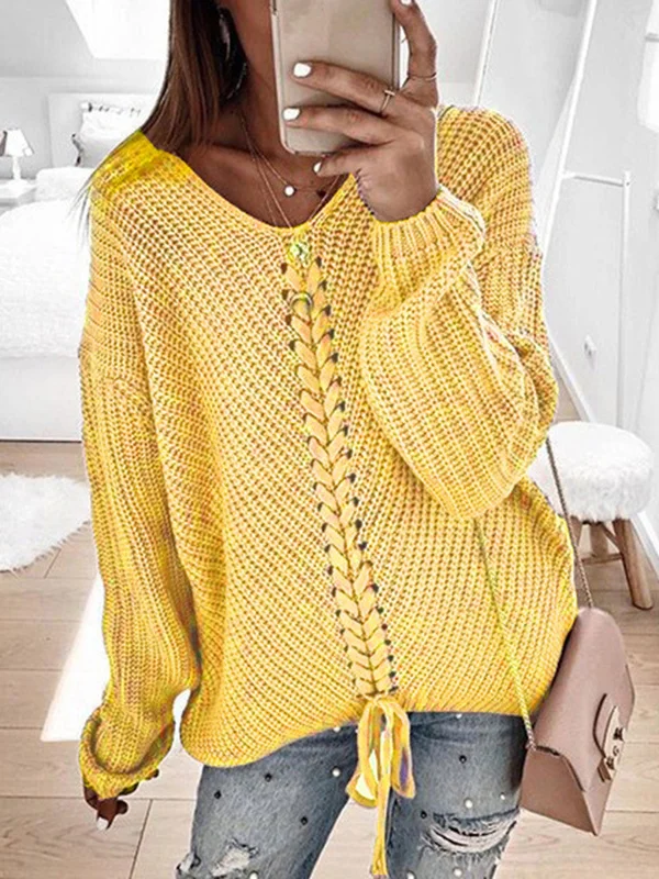 Women's Spring/Fall Color Block Casual Long Sleeve V Neck Yarn/Wool Yarn Sweater