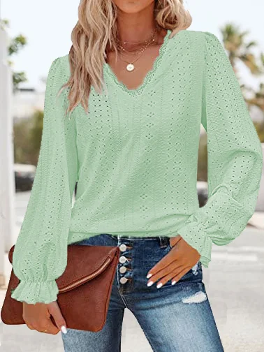 Women's Long Sleeve Tee T-shirt Spring/Fall Plain Lace V Neck Daily Going Out Casual Top