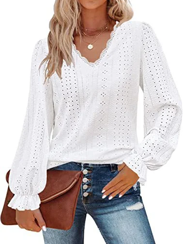 Women's Long Sleeve Tee T-shirt Spring/Fall Plain Lace V Neck Daily Going Out Casual Top