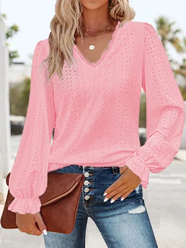 Women's Long Sleeve Tee T-shirt Spring/Fall Plain Lace V Neck Daily Going Out Casual Top