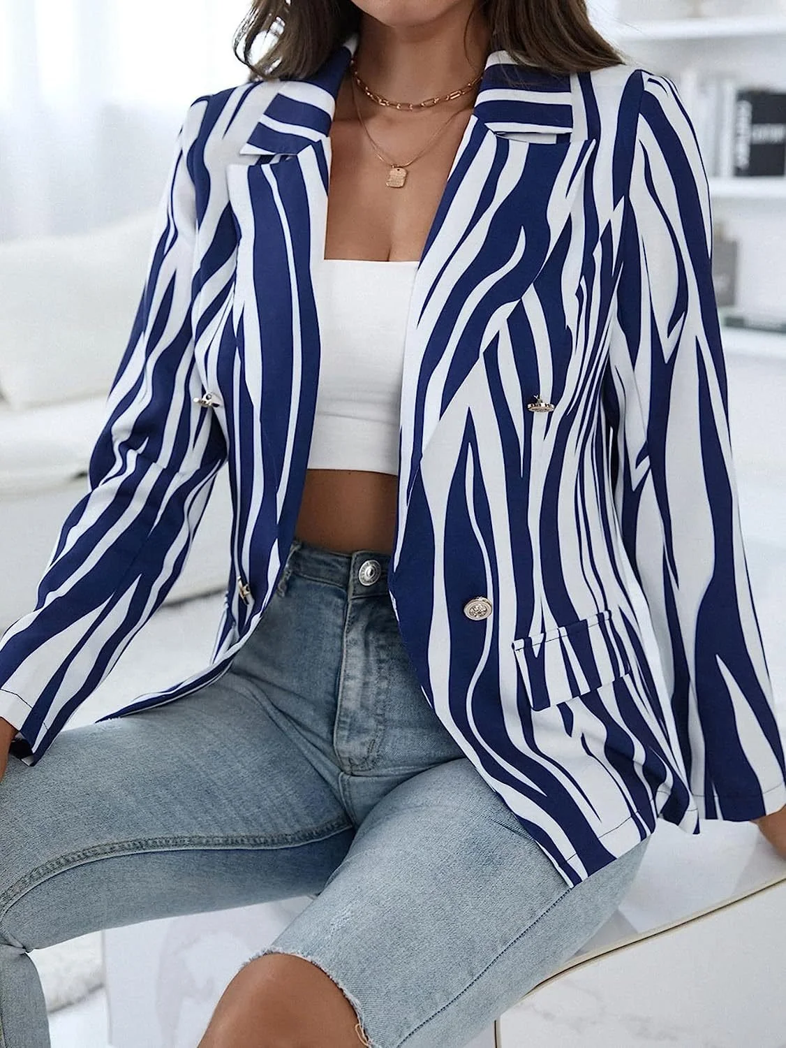 Women's Spring/Fall Outerwear Casual Striped Long Sleeve Regular Blazer