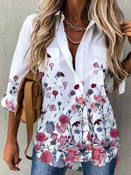 Women's Floral Long Sleeve Shirt Spring/Fall Shirt Collar Daily Casual Top