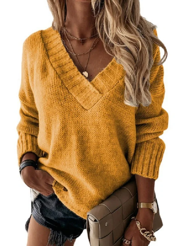 Women's Spring/Fall Color Block Casual Long Sleeve V Neck Yarn/Wool Yarn Sweater