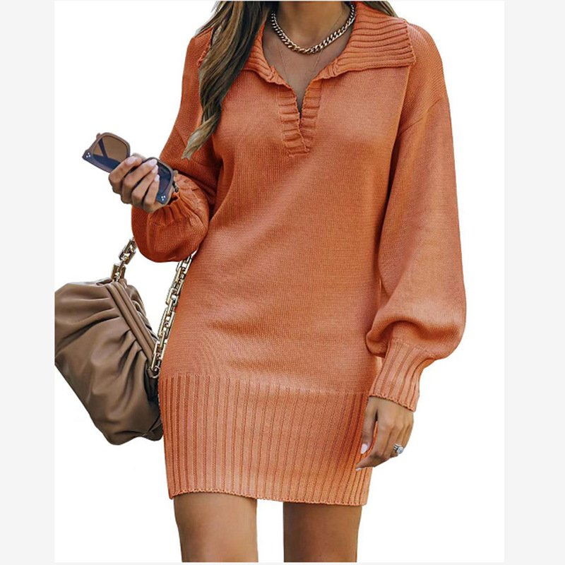 Women's Long Sleeve Spring/Fall Plain Yarn/Wool Yarn Dress V Neck Daily Going Out Casual Midi H-Line