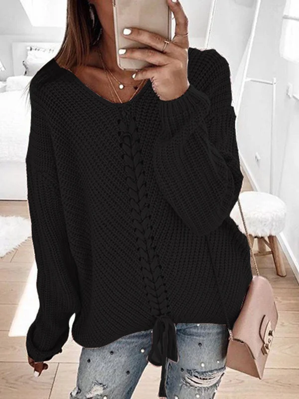 Women's Spring/Fall Color Block Casual Long Sleeve V Neck Yarn/Wool Yarn Sweater