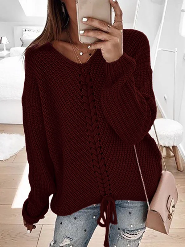 Women's Spring/Fall Color Block Casual Long Sleeve V Neck Yarn/Wool Yarn Sweater