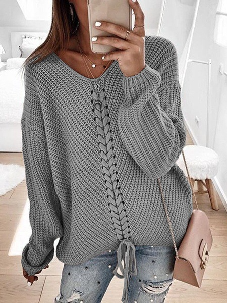 Women's Spring/Fall Color Block Casual Long Sleeve V Neck Yarn/Wool Yarn Sweater