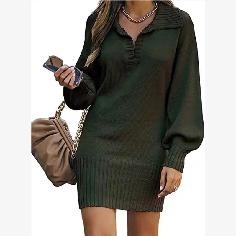 Women's Long Sleeve Spring/Fall Plain Yarn/Wool Yarn Dress V Neck Daily Going Out Casual Midi H-Line