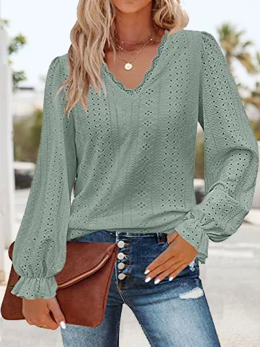 Women's Long Sleeve Tee T-shirt Spring/Fall Plain Lace V Neck Daily Going Out Casual Top