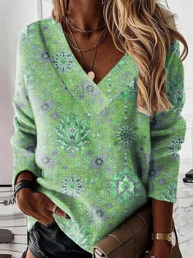 Women's V Neck Ethnic Zipper Casual Spring/Fall Jersey Long Sleeve Sweatshirt