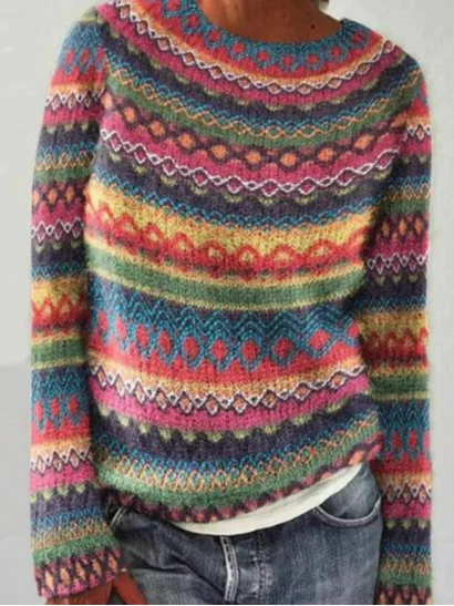 Women's Spring/Fall Ethnic Casual Long Sleeve Crew Neck Yarn/Wool Yarn Sweater