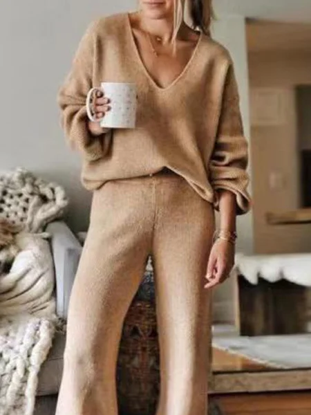 Women's Yarn/Wool Yarn Plain Daily Going Out Two Piece Set Long Sleeve Casual Spring/Fall Top With Pants Matching Set